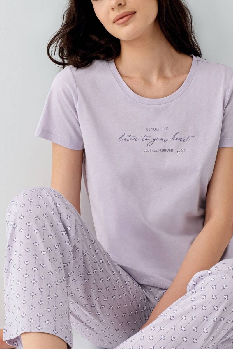 Arnetta Kadın Pamuklu Bisiklet Yaka Baskılı Yazlık Regular Fit Mor Pijama Takımı AR3550-S-V1 - 3