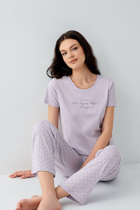 Arnetta Kadın Bisiklet Yaka Baskılı Yazlık Regular Fit Mor Pijama Takımı AR3550-S-V1