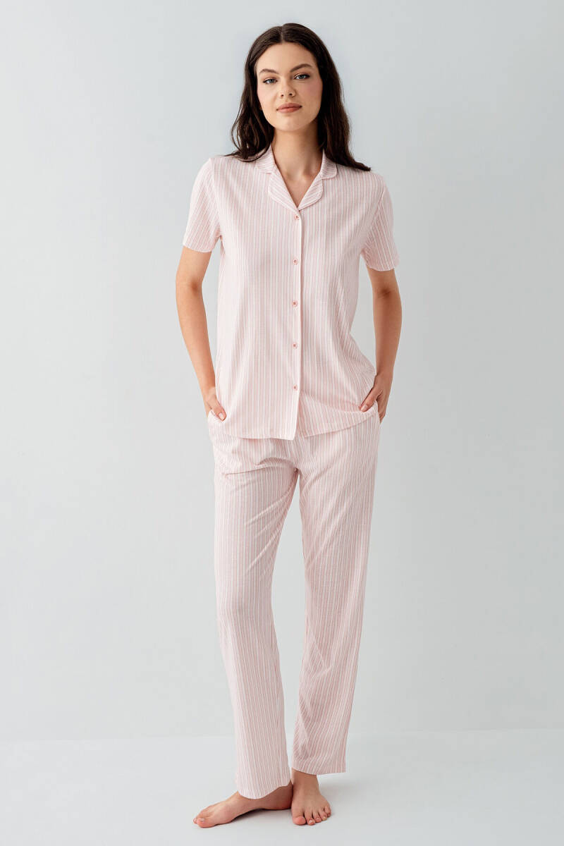 Arnetta Kadın Pamuklu Gömlek Yaka Baskısız Yazlık Regular Fit Pembe Pijama Takımı AR3594-S-V1 - 2