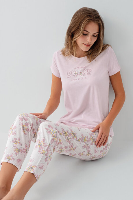 Arnetta Kadın Bisiklet Yaka Baskılı Yazlık Regular Fit Pembe Pijama Takımı AR3622-S-V1