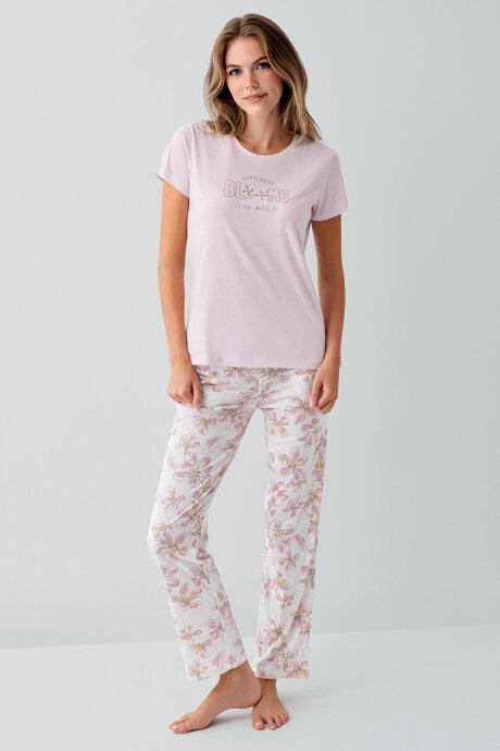 Arnetta Kadın Bisiklet Yaka Baskılı Yazlık Regular Fit Pembe Pijama Takımı AR3622-S-V1 (1)