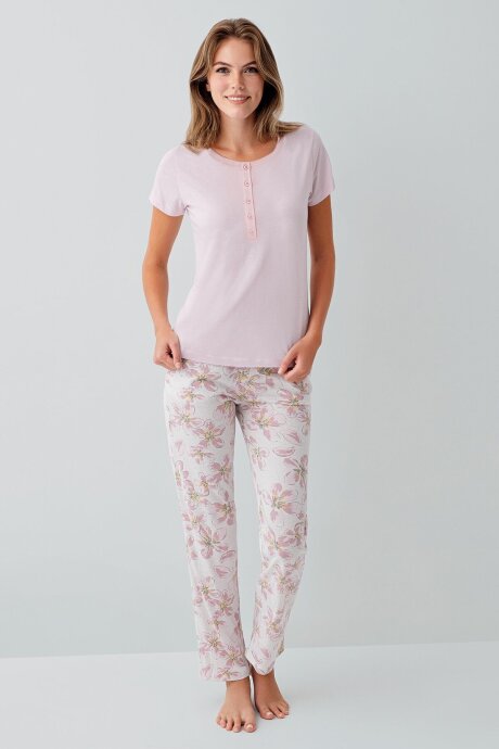 Arnetta Kadın Bisiklet Yaka Baskılı Yazlık Regular Fit Pembe Pijama Takımı AR3624-S-V1 (1)