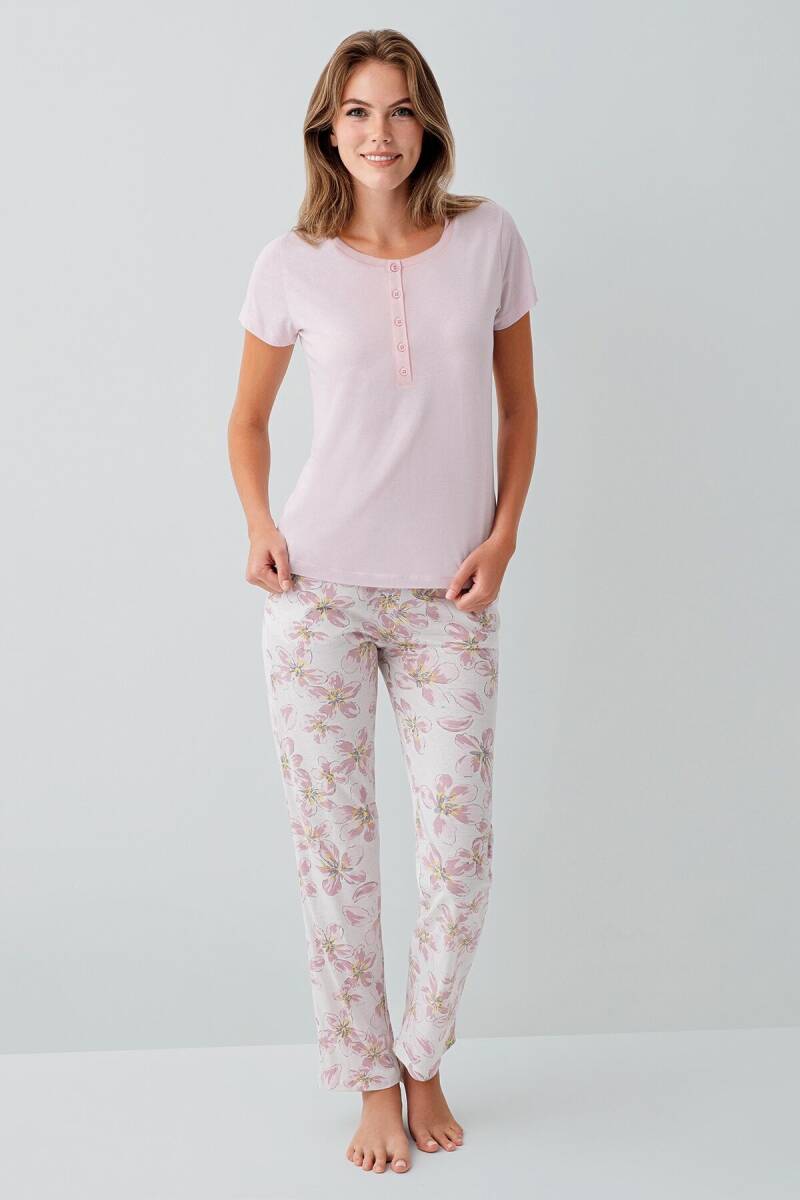 Arnetta Kadın Pamuklu Bisiklet Yaka Baskılı Yazlık Regular Fit Pembe Pijama Takımı AR3624-S-V1 - 2