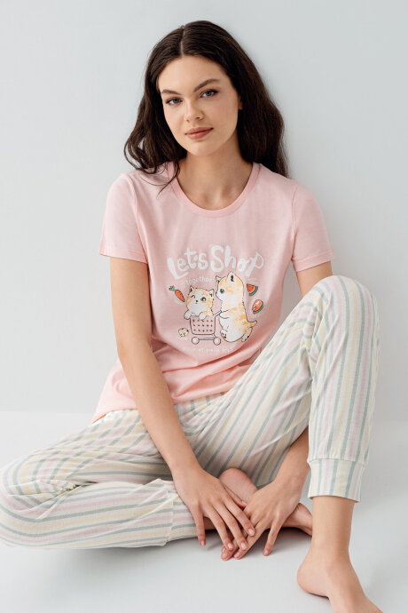 Arnetta Kadın Bisiklet Yaka Baskılı Yazlık Regular Fit Pembe Pijama Takımı AR3571-S-V1