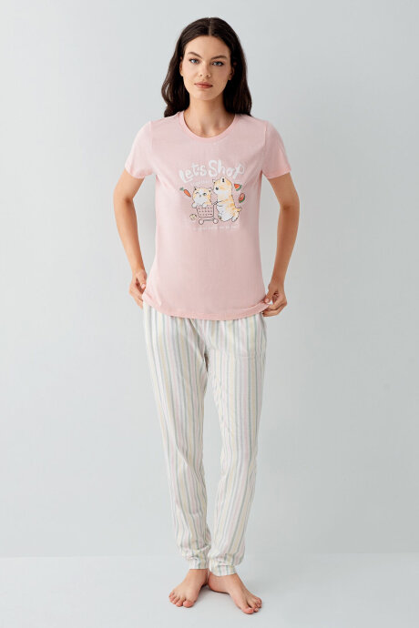 Arnetta Kadın Bisiklet Yaka Baskılı Yazlık Regular Fit Pembe Pijama Takımı AR3571-S-V1 (1)