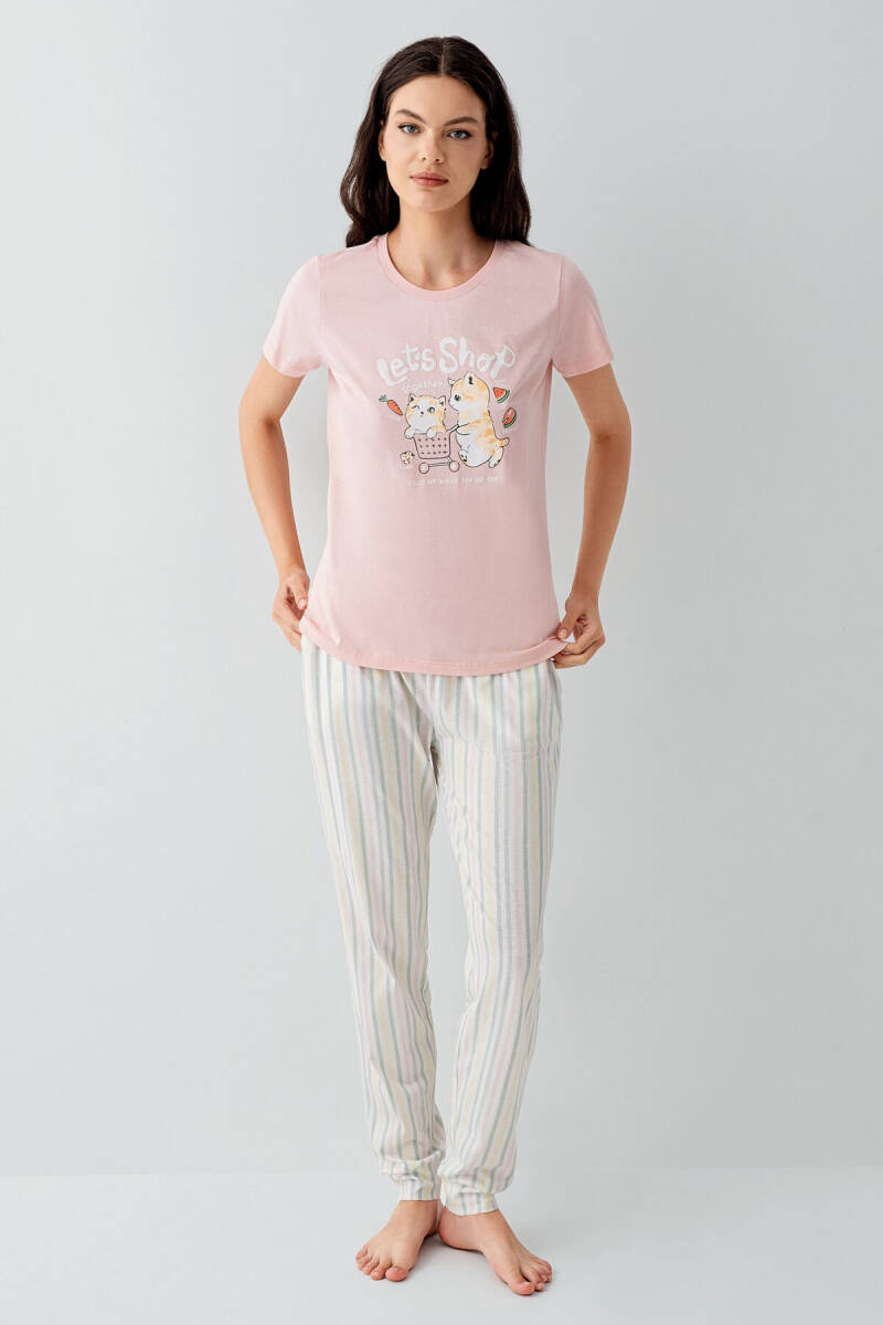 Arnetta Kadın %100 Pamuk Bisiklet Yaka Baskılı Yazlık Regular Fit Pembe Pijama Takımı AR3571-S-V1 - 2