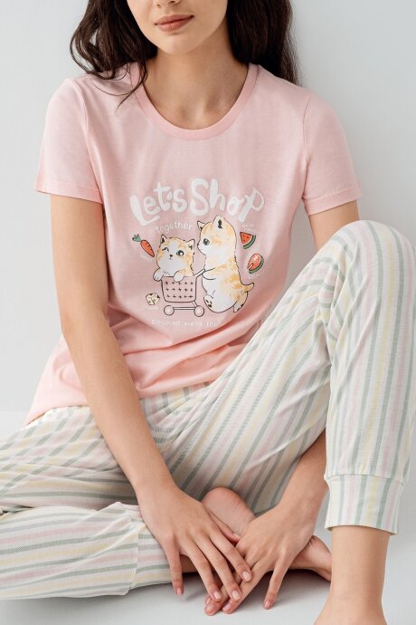 Arnetta Kadın %100 Pamuk Bisiklet Yaka Baskılı Yazlık Regular Fit Pembe Pijama Takımı AR3571-S-V1 - 3