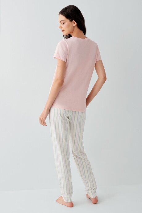 Arnetta Kadın %100 Pamuk Bisiklet Yaka Baskılı Yazlık Regular Fit Pembe Pijama Takımı AR3571-S-V1 - 4