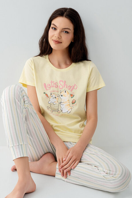 Arnetta Kadın Bisiklet Yaka Baskılı Yazlık Regular Fit Sarı Pijama Takımı AR3571-S-V2