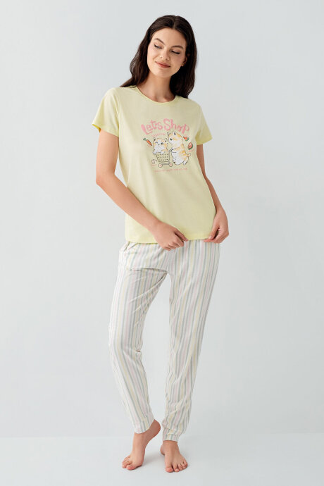 Arnetta Kadın Bisiklet Yaka Baskılı Yazlık Regular Fit Sarı Pijama Takımı AR3571-S-V2 (1)