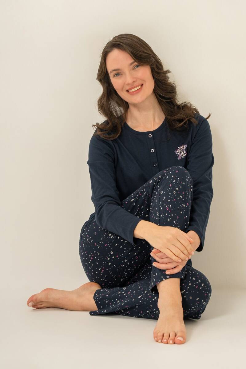 Arnetta Kadın Pamuklu Shine Bright Little Star Lacivert Uzun Kol Pijama Takım AR3775-S-V2 - 3