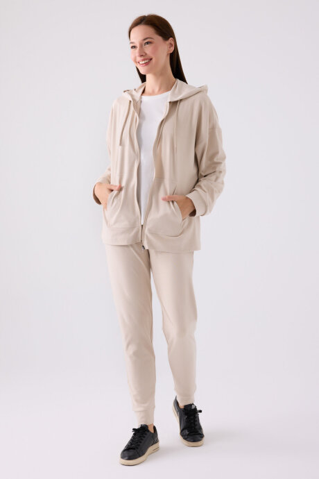 Arnetta Kadın Pamuklu Kapüşonlu Pigment Baskılı Kışlık Regular Fit Krem Pijama Takımı AR3111-S-V3 - 5