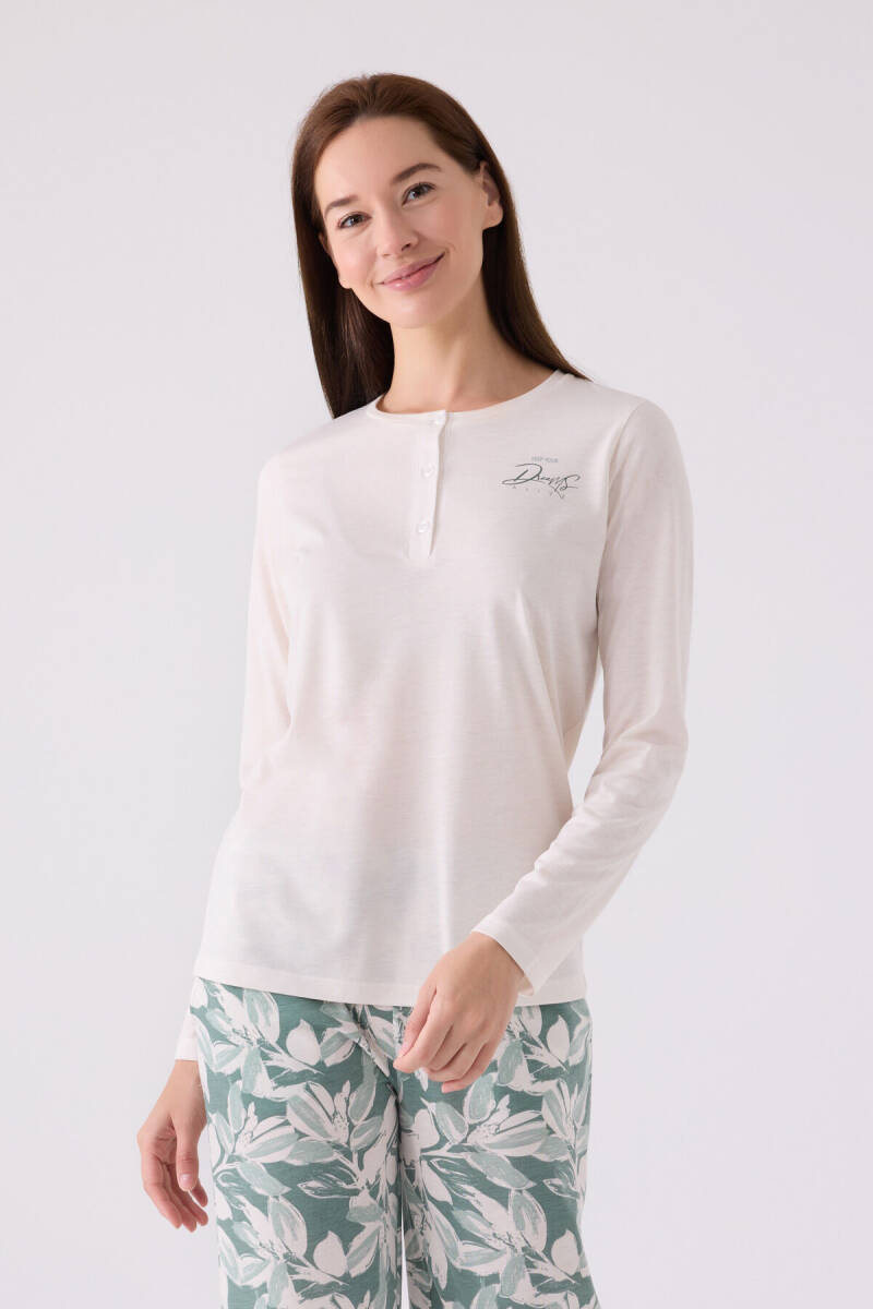 Arnetta Kadın Pamuklu Hakim Yaka Pigment Baskılı Kışlık Regular Fit Beyaz Pijama Takımı AR3116-S-V1 - 2