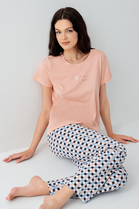 Arnetta Kadın Bisiklet Yaka Baskılı Yazlık Regular Fit Turuncu Pijama Takımı AR3555-S-V1