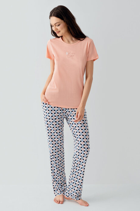 Arnetta Kadın Bisiklet Yaka Baskılı Yazlık Regular Fit Turuncu Pijama Takımı AR3555-S-V1 (1)