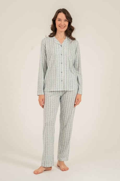 Arnetta Kadın Pamuklu Yeşil Çizgili Gömlek Pijama Takımı AR3780-S-V1 - 8