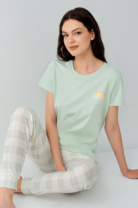 Arnetta Kadın Bisiklet Yaka Baskılı Yazlık Regular Fit Yeşil Pijama Takımı AR3576-S-V1