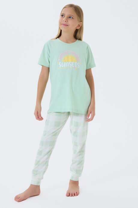 Arnetta Kız Çocuk Bisiklet Yaka Baskılı Yazlık Regular Fit Yeşil Pijama Takımı AR3576-C-V1