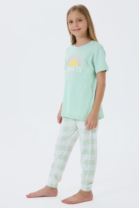 Arnetta Kız Çocuk Bisiklet Yaka Baskılı Yazlık Regular Fit Yeşil Pijama Takımı AR3576-C-V1 (1)