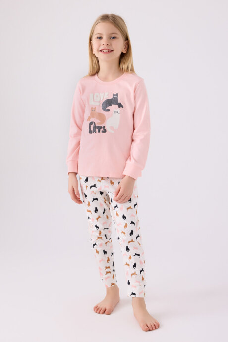 Arnetta Kız Çocuk Bisiklet Yaka Pigment Baskılı Kışlık Regular Fit Pembe Pijama Takımı AR3057-C-V1