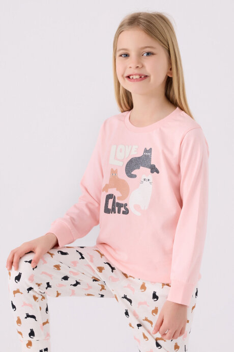 Arnetta Kız Çocuk Bisiklet Yaka Pigment Baskılı Kışlık Regular Fit Pembe Pijama Takımı AR3057-C-V1 (1)