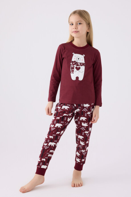 Arnetta Kız Çocuk Pamuklu Bisiklet Yaka Pigment Baskılı Kışlık Regular Fit Bordo Pijama Takımı AR3107-C-V1