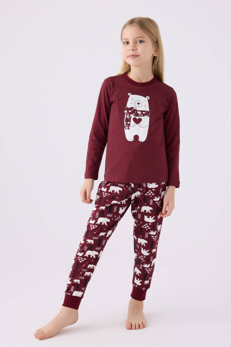 Arnetta Kız Çocuk Bisiklet Yaka Pigment Baskılı Kışlık Regular Fit Bordo Pijama Takımı AR3107-C-V1 - 1