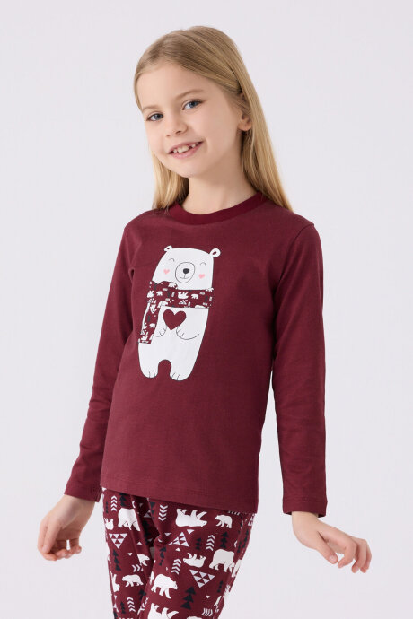 Arnetta Kız Çocuk Pamuklu Bisiklet Yaka Pigment Baskılı Kışlık Regular Fit Bordo Pijama Takımı AR3107-C-V1 (1)