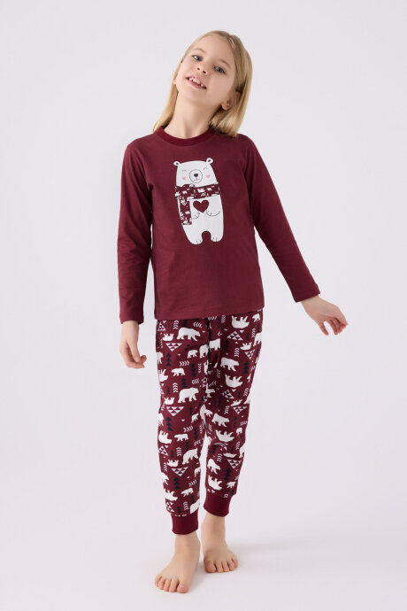 Arnetta Kız Çocuk Bisiklet Yaka Pigment Baskılı Kışlık Regular Fit Bordo Pijama Takımı AR3107-C-V1 - 3