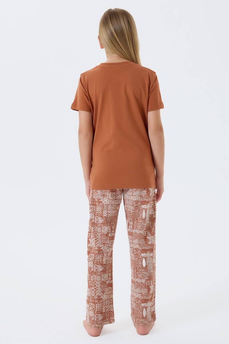 Arnetta Kız Çocuk %100 Pamuk Bisiklet Yaka Baskılı Yazlık Regular Fit Kahverengi Pijama Takımı AR3664-C-V1 - 4