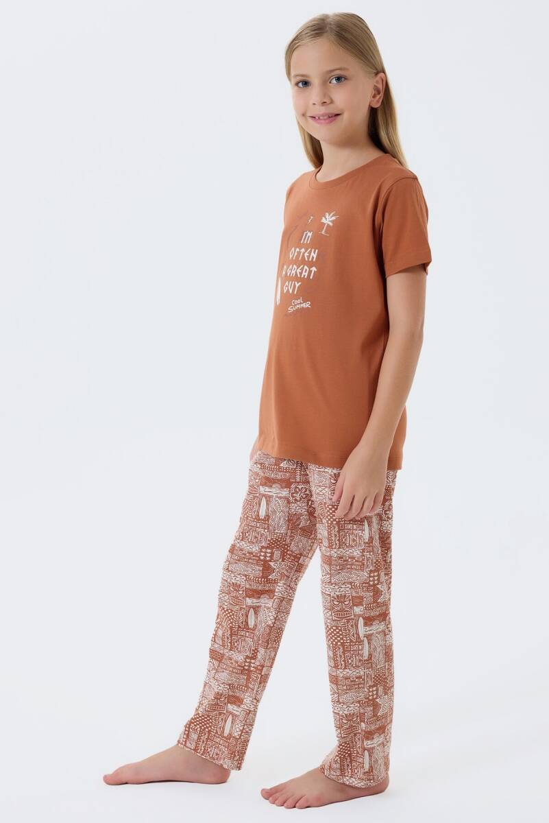 Arnetta Kız Çocuk %100 Pamuk Bisiklet Yaka Baskılı Yazlık Regular Fit Kahverengi Pijama Takımı AR3664-C-V1 - 3
