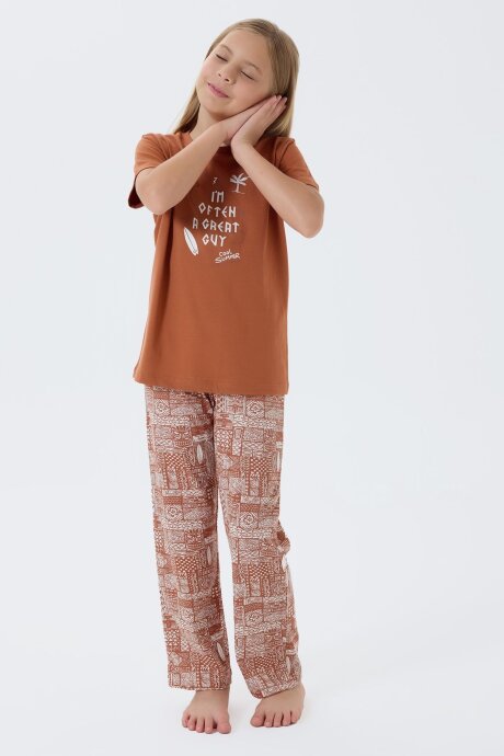 Arnetta Kız Çocuk Bisiklet Yaka Baskılı Yazlık Regular Fit Kahverengi Pijama Takımı AR3664-C-V1 (1)