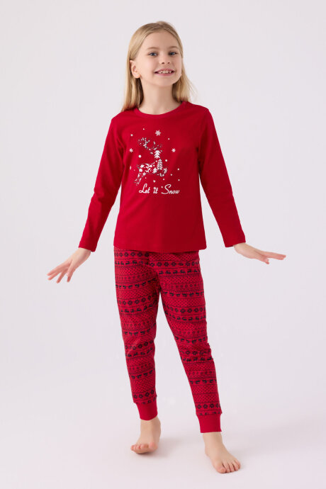 Arnetta Kız Çocuk Bisiklet Yaka Pigment Baskılı Kışlık Regular Fit Kırmızı Pijama Takımı AR3106-C-V1