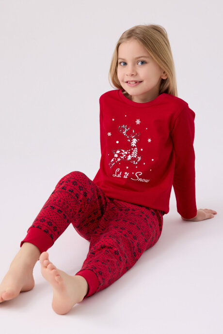 Arnetta Kız Çocuk Bisiklet Yaka Pigment Baskılı Kışlık Regular Fit Kırmızı Pijama Takımı AR3106-C-V1 - 3