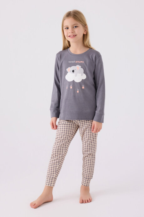 Arnetta Kız Çocuk Pamuklu Bisiklet Yaka Pigment Baskılı Kışlık Regular Fit Gri Pijama Takımı AR3093-C-V1