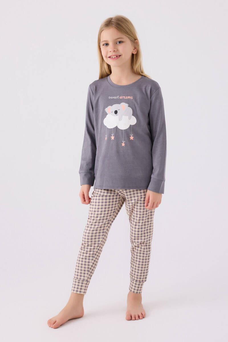 Arnetta Kız Çocuk Pamuklu Bisiklet Yaka Pigment Baskılı Kışlık Regular Fit Gri Pijama Takımı AR3093-C-V1 - 1