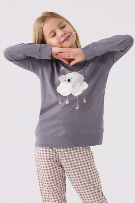 Arnetta Kız Çocuk Pamuklu Bisiklet Yaka Pigment Baskılı Kışlık Regular Fit Gri Pijama Takımı AR3093-C-V1 (1)