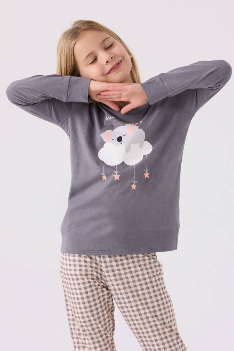 Arnetta Kız Çocuk Pamuklu Bisiklet Yaka Pigment Baskılı Kışlık Regular Fit Gri Pijama Takımı AR3093-C-V1 - 2
