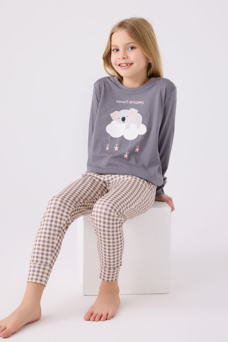 Arnetta Kız Çocuk Pamuklu Bisiklet Yaka Pigment Baskılı Kışlık Regular Fit Gri Pijama Takımı AR3093-C-V1 - 3