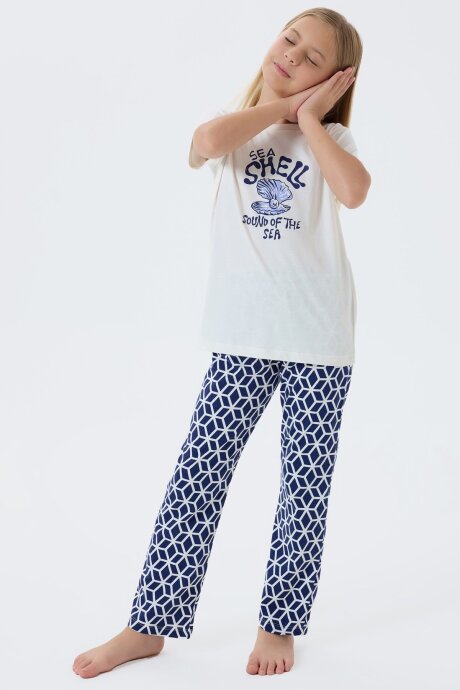 Arnetta Kız Çocuk Bisiklet Yaka Baskılı Yazlık Regular Fit Krem Pijama Takımı AR3661-C-V1 (1)