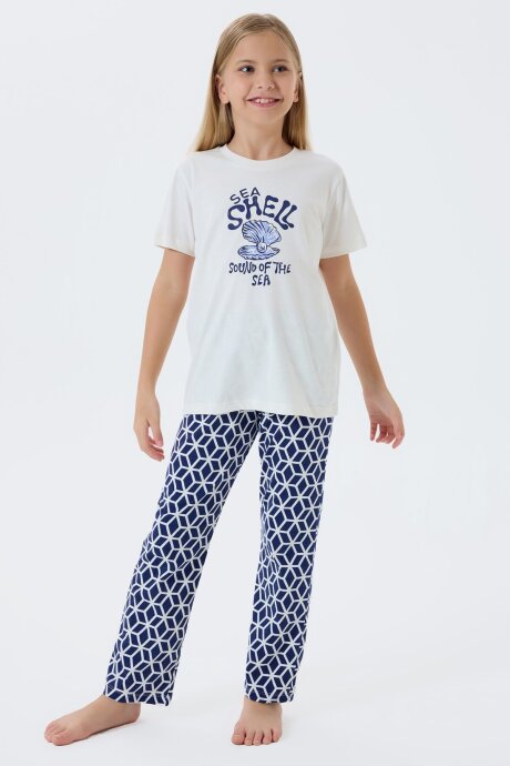 Arnetta Kız Çocuk Bisiklet Yaka Baskılı Yazlık Regular Fit Krem Pijama Takımı AR3661-C-V1