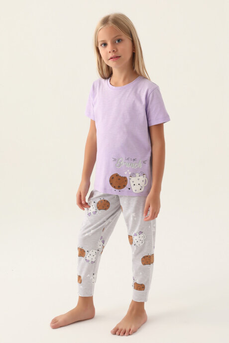 Arnetta Kız Çocuk Bisiklet Yaka Pigment Baskılı Yazlık Regular Fit Mor Pijama Takımı AR2884-C-V1