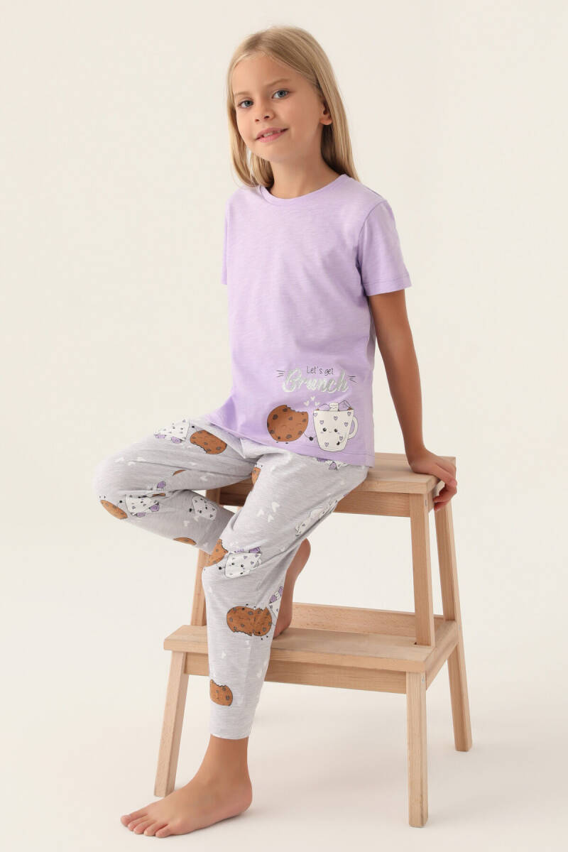 Arnetta Kız Çocuk Pamuklu Bisiklet Yaka Pigment Baskılı Yazlık Regular Fit Mor Pijama Takımı AR2884-C-V1 - 3