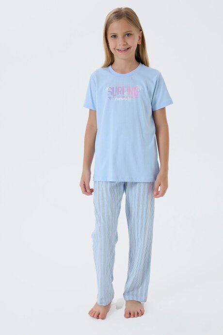 Arnetta Kız Çocuk Bisiklet Yaka Baskılı Yazlık Regular Fit Mavi Pijama Takımı AR3598-C-V1 (1)