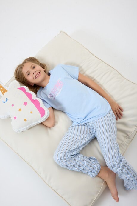 Arnetta Kız Çocuk Bisiklet Yaka Baskılı Yazlık Regular Fit Mavi Pijama Takımı AR3598-C-V1