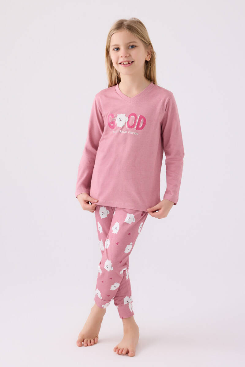 Arnetta Kız Çocuk Pamuklu Bisiklet Yaka Pigment Baskılı Kışlık Regular Fit Pembe Pijama Takımı AR3088-C-V1 - 1