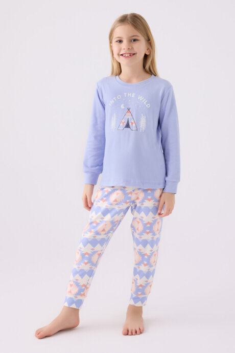 Arnetta Kız Çocuk Pamuklu Bisiklet Yaka Pigment Baskılı Kışlık Regular Fit Mavi Pijama Takımı AR3097-C-V1
