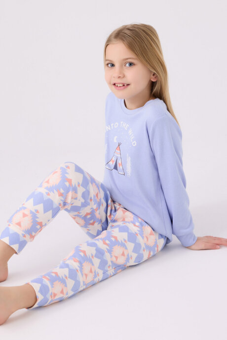 Arnetta Kız Çocuk Pamuklu Bisiklet Yaka Pigment Baskılı Kışlık Regular Fit Mavi Pijama Takımı AR3097-C-V1 - 3