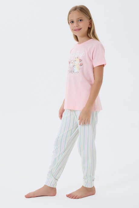 Arnetta Kız Çocuk %100 Pamuk Bisiklet Yaka Baskılı Yazlık Regular Fit Pembe Pijama Takımı AR3571-C-V1 - 3