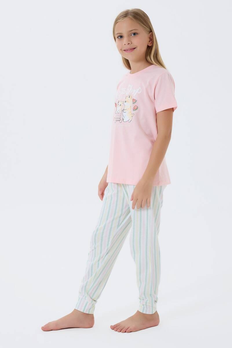 Arnetta Kız Çocuk %100 Pamuk Bisiklet Yaka Baskılı Yazlık Regular Fit Pembe Pijama Takımı AR3571-C-V1 - 3